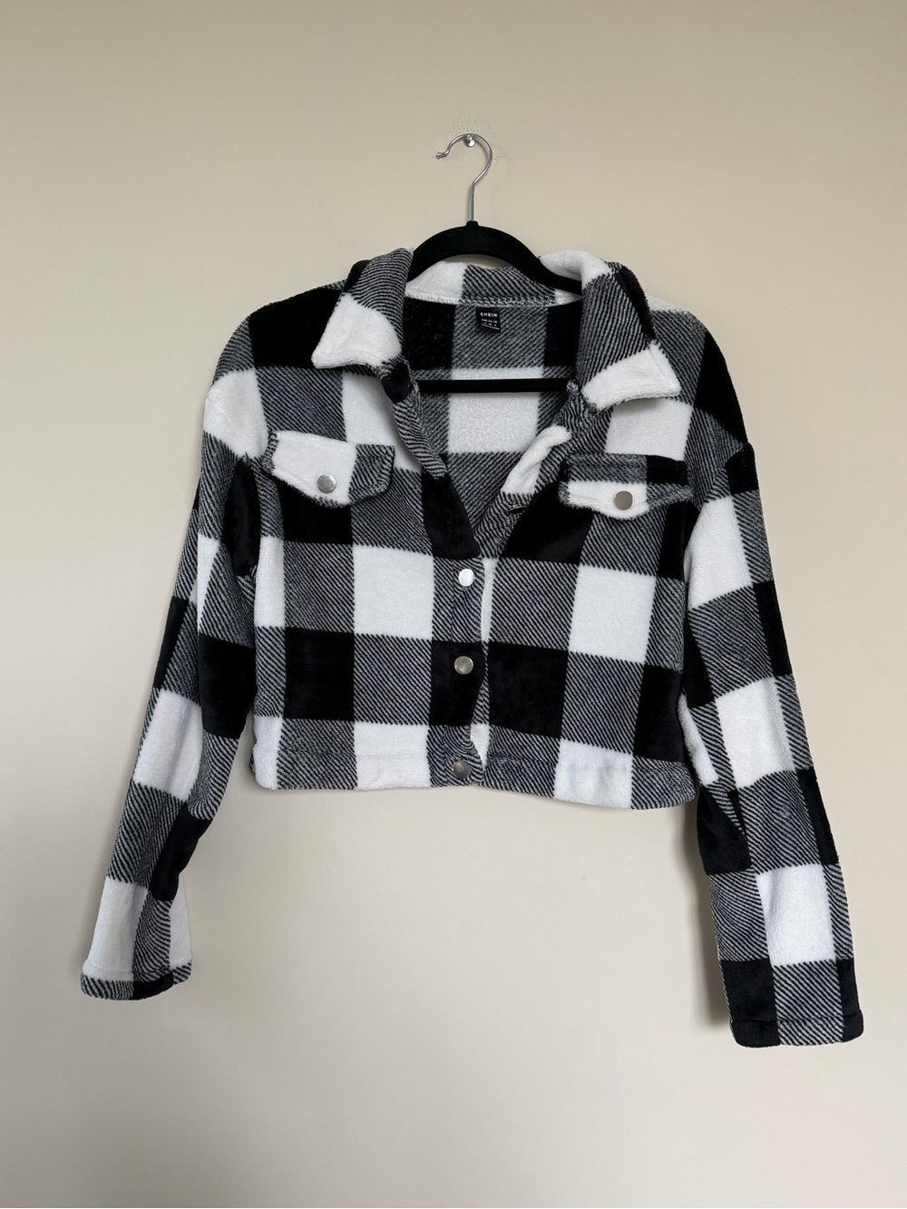 SHEIN Black & White Buffalo Plaid Cropped Teddy Jacket